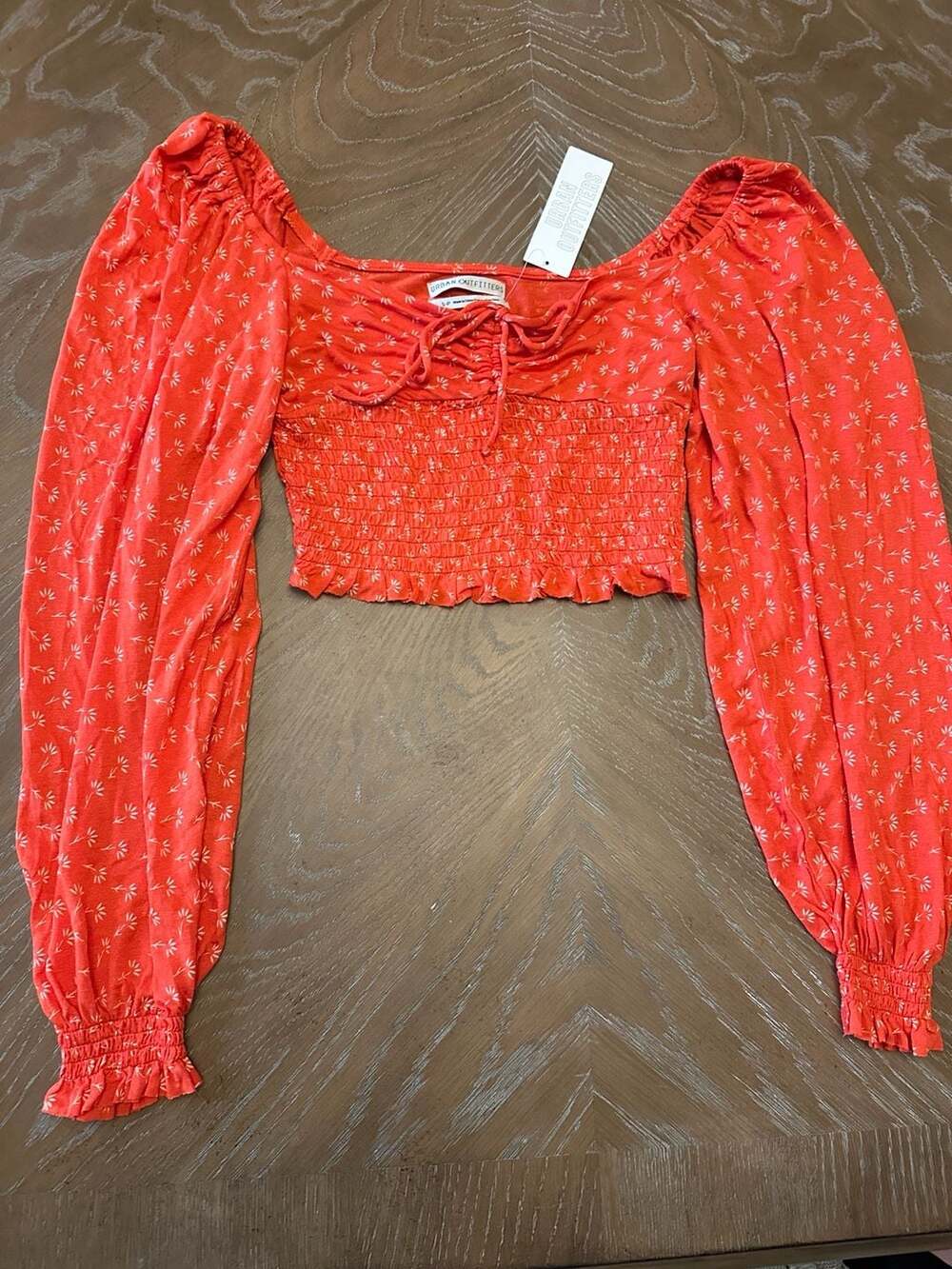 Urban Outfitters Hallie Ruched Smocked Floral Long-Sleeve Crop Top Red S